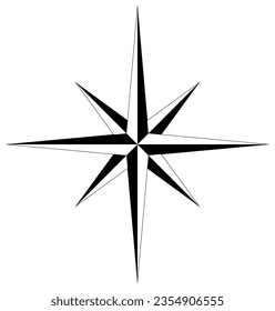 Wind rose or Compass rose vector with eight directions.
Marine, nautical or trekking navigation symbol or for including in a map.
Isolated background.