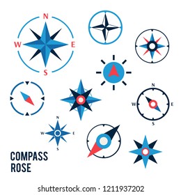 Wind rose compass vector flat symbols set