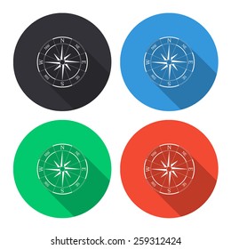 wind rose compass vector icon - colored(gray, blue, green, red) round buttons with long shadow