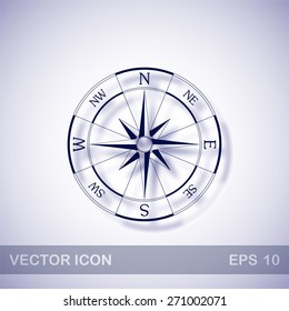 Wind Rose Compass Vector Icon - Dark Blue Illustration With Blue Shadow