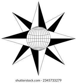 Vector de rosa eólica o de rosa de brújula con símbolo Planeta Tierra. Ocho direcciones.
En Ejemplo utilizable como símbolo de navegación marino, náutico o de trekking. O usar en un mapa.
Fondo aislado.