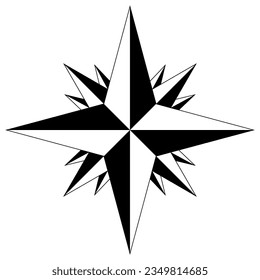 Wind rose or Compass rose vector with sixteen directions.
Marine, nautical or trekking navigation symbol or for including in a map.
Isolated background.