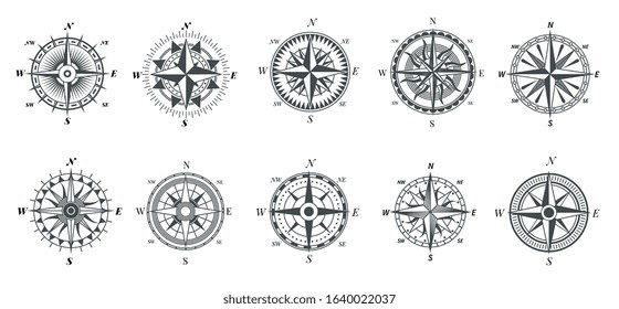Wind rose compass. Vintage marine compasses, nautical sailing navigation travel signs, retro arrows pointer vector symbols