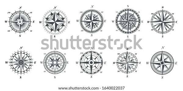 Wind\
rose compass. Vintage marine compasses, nautical sailing navigation\
travel signs, retro arrows pointer vector\
symbols