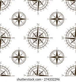Wind rose compass vintage vector symbols seamless pattern.