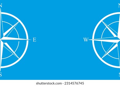 Wind Rose with Copy Space. Marine Compass on blue background. Symbol of Cardinal Directions. Big horizontal banner. Vector Art. svg