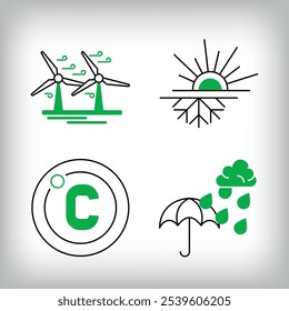 Wind rose, degree and rainy weather icon set. Different linear weather designs.