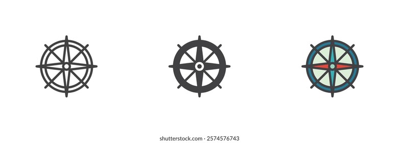 Wind rose different style icon set. Line, glyph and filled outline colorful version, outline and filled vector sign. Nautical compass symbol, logo illustration. Vector graphics