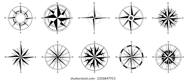  Conjunto de elementos de rosa eólica - visualización de tipos vectores de brújula antiguos - concepto vectorial de emblema náutico vintage  