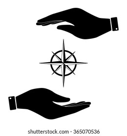 Wind rose in hand icon, care symbol vector illustration. Flat design style