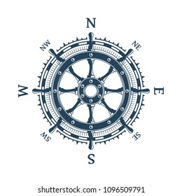 Wind rose with helm wheel vector illustration. Stylized ship Steering Wheel. Nautical compass icon isolated on white background. Design element for marine theme and heraldry. EPS 10.