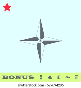 Wind rose icon flat. Grey pictogram on blue background. Vector illustration symbol and bonus buttons medal, cow, earth, eye, calculator