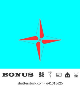 Wind rose icon flat. Red pictogram on blue background. Vector illustration symbol and bonus buttons Music center, corkscrew, credit card, house, drum