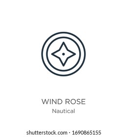 Icono de rosa del viento. Icono de contorno de rosa lineal delgado aislado en fondo blanco de la colección náutica. Signo vectorial de línea, símbolo para web y móvil