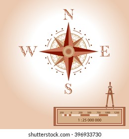 Wind rose illustration. Isolated vector. Element of an ancient or old style map decoration. Wind rose is a tool to guide travelers and read maps. Shows North, South, East, West, measurement