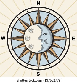 Wind rose, with the image of month in the center.Vector in vintage style. EPS-10 (non transparent elements, non gradient)