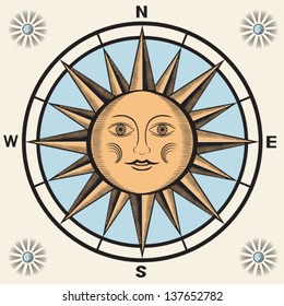 Wind rose, with the image of sun in the center.Vector in vintage style. EPS-10 (non transparent elements, non gradient) 