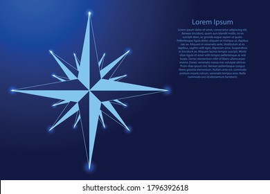 Wind rose with intermediate points compass star navigation blue color and glowing stars. Vector illustration.