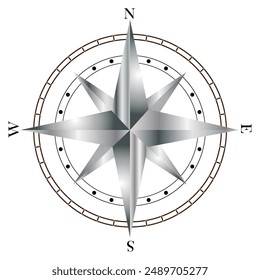 Wind rose isolated on a white background. The background image of a compass is silver. Navigation arrow symbols. Equipment for sea travel.