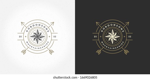 Wind Rose Logo Emblem Vector Illustration Outdoor Expedition Adventure Compass Silhouette For Shirt Or Print Stamp. Vintage Typography Badge Design.