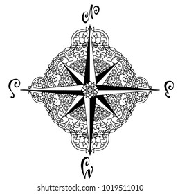 Wind rose in mandala style. Nautical compass icon isolated on white background. Asian pattern. Vector illustration.
