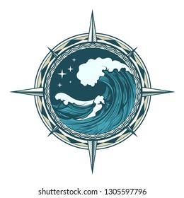 Wind Rose nautical compass with ocean wave and stars inside drawn in tattoo style. Vector illustration.