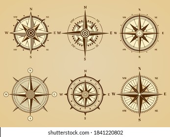 Wind rose. Nautical marine travel symbols for ancient ocean navigation map vector retro symbols