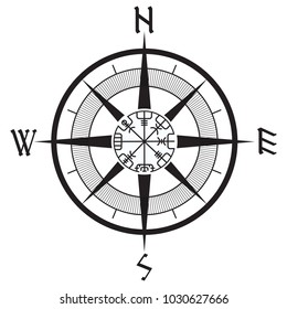 Wind rose, navigation runic compass, vegvisir, isolated on white, vector illustration