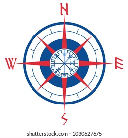 Wind rose, navigation runic compass, vegvisir, isolated on white, vector illustration