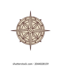 Wind rose for old pirate treasure map. Hand drawn retro nautical compass, marine design element for adventure, navigation or tattoo. Vector sketch illustration isolated on white. - Shutterstock ID 2044028159