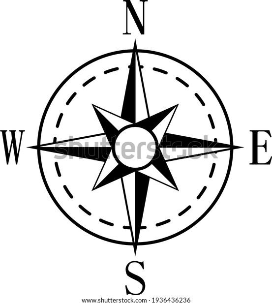 Wind rose and rhumb. Nautical compass with\
cardinal directions vector sign of navigation charts black on white\
background isolated