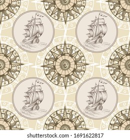 Wind rose. Sea travels, adventures and discoveries. Pirates.Vector abstract seamless pattern. Vintage repeating background with hand-drawn sailing ships.