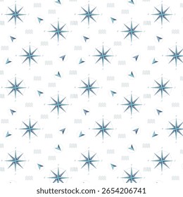 Wind rose, seamless pattern. Cardinal points, direction arrows. Vector illustration of a compass. Symbol of travel. Cold color palette, gradient.