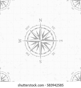 Wind rose seamless pattern in retro black and white style, for wallpaper or travel backdrop design. Vintage nautical compass background. Marine theme. Vector illustration. EPS 10.