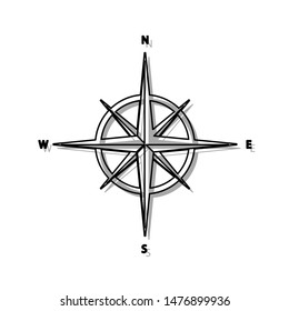 Wind rose sign. Black line icon with gray shifted flat filled icon on white background. Illustration.