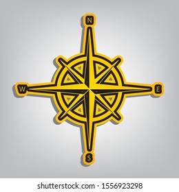 Wind rose sign. Flat orange icon with overlapping linear black icon with gray shadow at whitish background. Illustration.