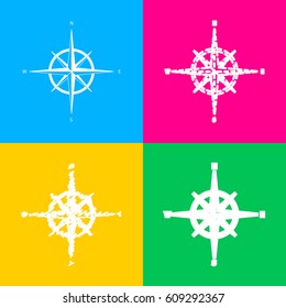 Wind rose sign. Four styles of icon on four color squares.