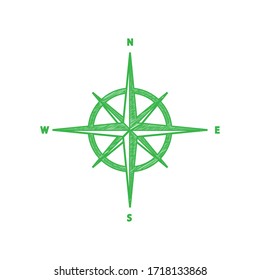 Wind rose sign. Green scribble Icon with solid contour on white background. Illustration.