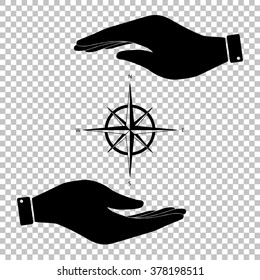 Wind rose sign. Save or protect symbol by hands.