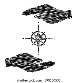 Wind rose sign. Save or protect symbol by hands with scribble effect.