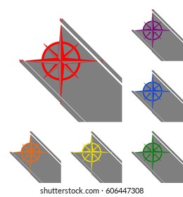 Wind rose sign. Set of red, orange, yellow, green, blue and violet icons at white background with flat shadow.