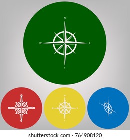 Wind rose sign. Vector. 4 white styles of icon at 4 colored circles on light gray background.