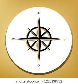 Wind rose sign. Vector. Black icon with light brown shadow in white circle with shaped ring at golden background.