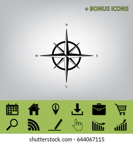 Wind rose sign. Vector. Black icon at gray background with bonus icons at celery ones
