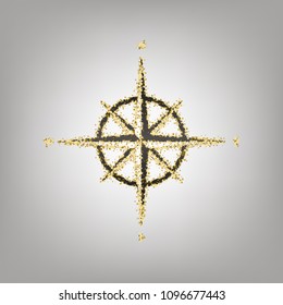 Wind rose sign. Vector. Blackish icon with golden stars at grayish background.