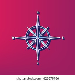 Wind rose sign. Vector. Blue 3d printed icon on magenta background.