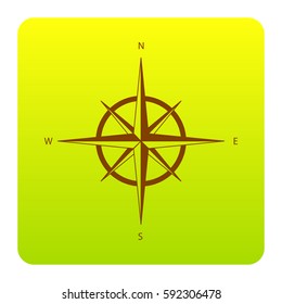 Wind rose sign. Vector. Brown icon at green-yellow gradient square with rounded corners on white background. Isolated.