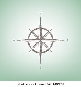 Wind rose sign. Vector. Brown flax icon on green background with light spot at the center.
