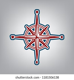 Wind rose sign. Vector. Dark red, transparent and midnight green stroke of white icon at grayish background.
