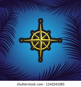 Wind rose sign. Vector. Golden icon with black contour at blue background with branches of palm trees.